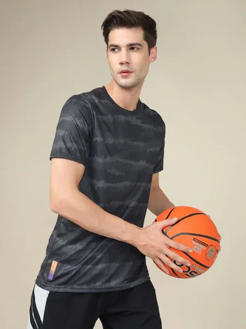 Men Abstract Print Slim Fit Crew Neck T-shirt with TECHNO COOL+